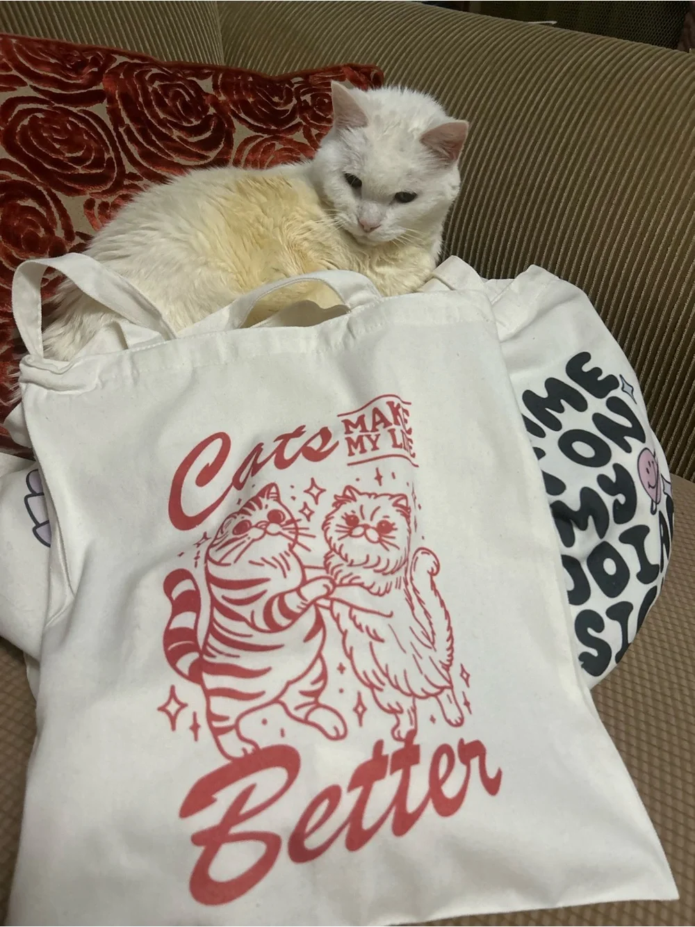 Cats Make My Life Better Cotton Tote Bag - White with Red Print NWOT.